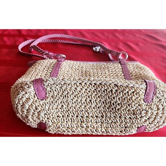 Brighton Woven Straw Raffia Macrame Medium Tan w Pink Shoulder Handbag As Is - Picture 5 of 15